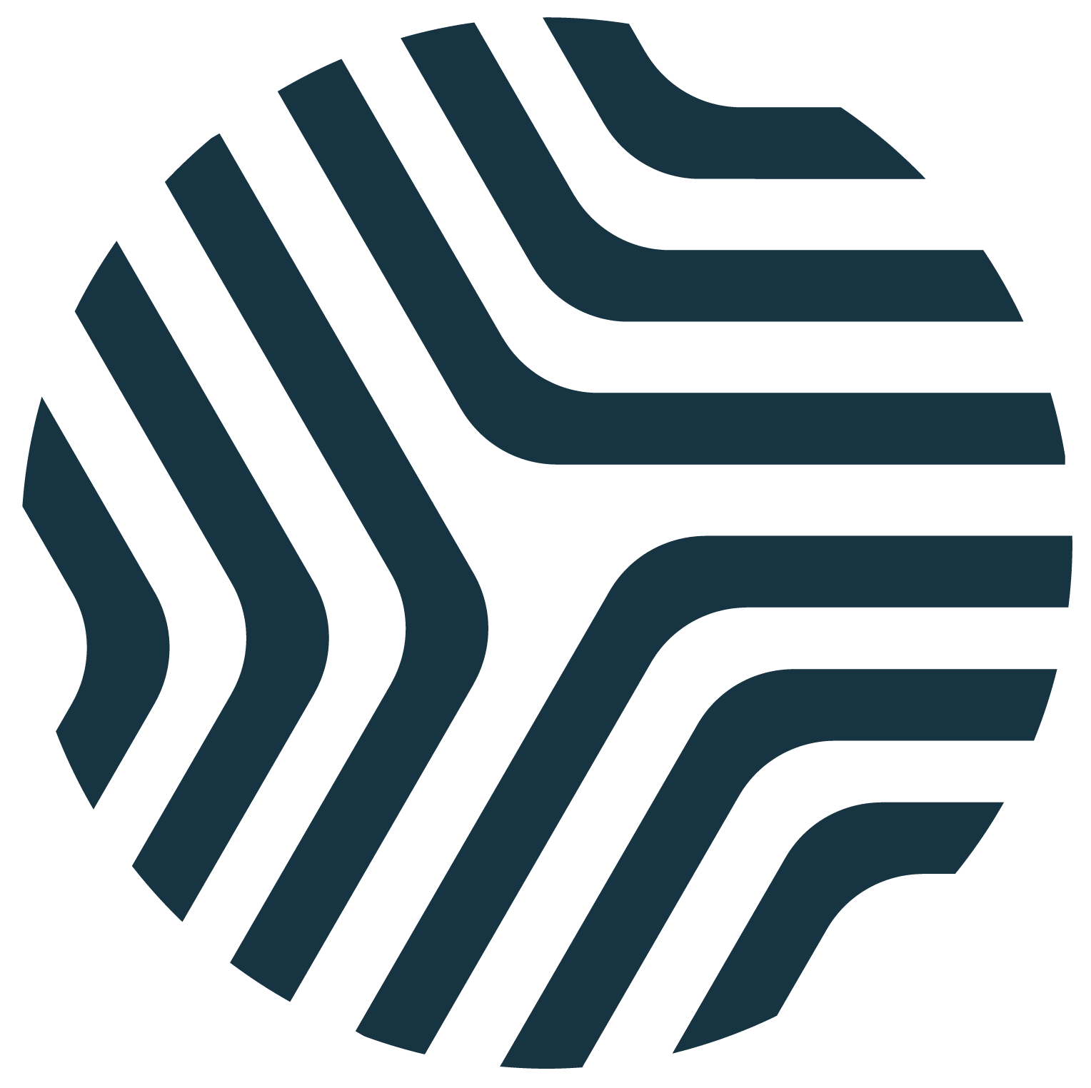A white circle with bold, black, curved lines forming a geometric, abstract pattern. The lines run diagonally and bend at right angles, creating a sense of movement and symmetry.