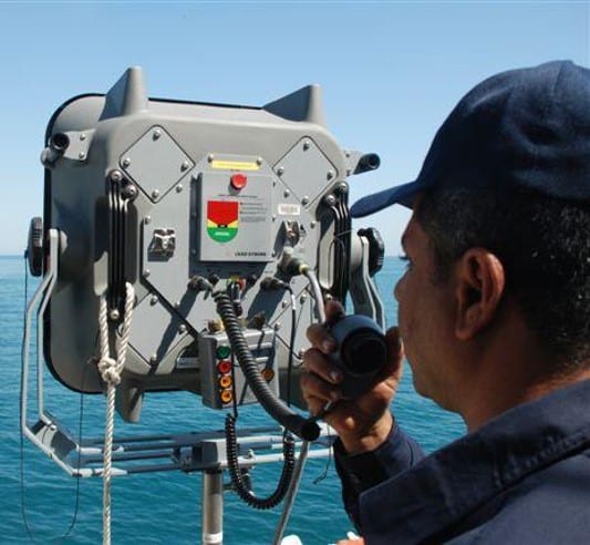 LRAD 500X-RE broadcasting voice commands from a military ship.