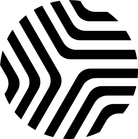 A white circle with bold, black, curved lines forming a geometric, abstract pattern. The lines run diagonally and bend at right angles, creating a sense of movement and symmetry.