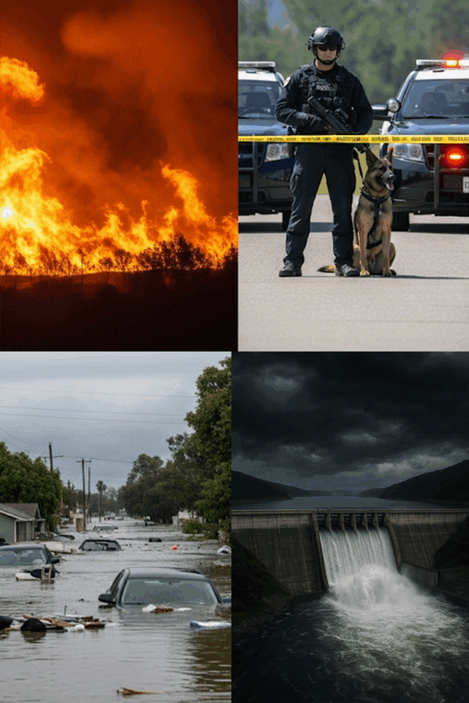 Collage image of different hazards - fire, police activity, flooding and a dam
