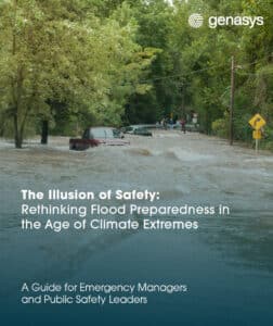 Flooded street with partially submerged cars and trees on both sides. Overlaid text highlights Flood Preparedness in the age of climate extremes, aimed at emergency managers and public safety leaders.