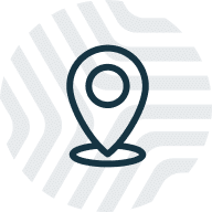 A dark blue icon of a pinpoint map marker centered within a circle, overlaid with diagonal wavy stripes, creating a modern, abstract design.
