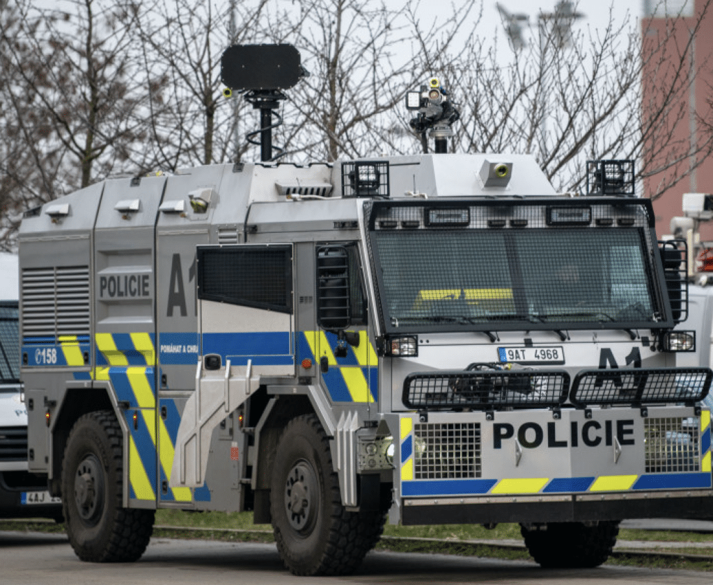 Police vehicle with mounted LRAD speakers