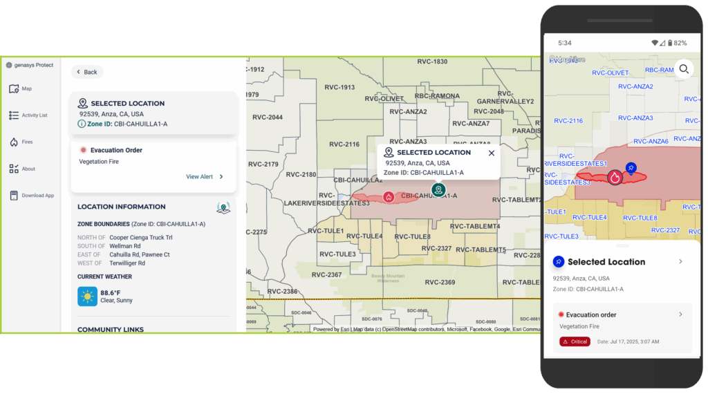 A map interface on a tablet and smartphone displays a highlighted wildfire evacuation zone, search bars, legend items, and options for status updates, downloads, and evacuation details for selected zones.