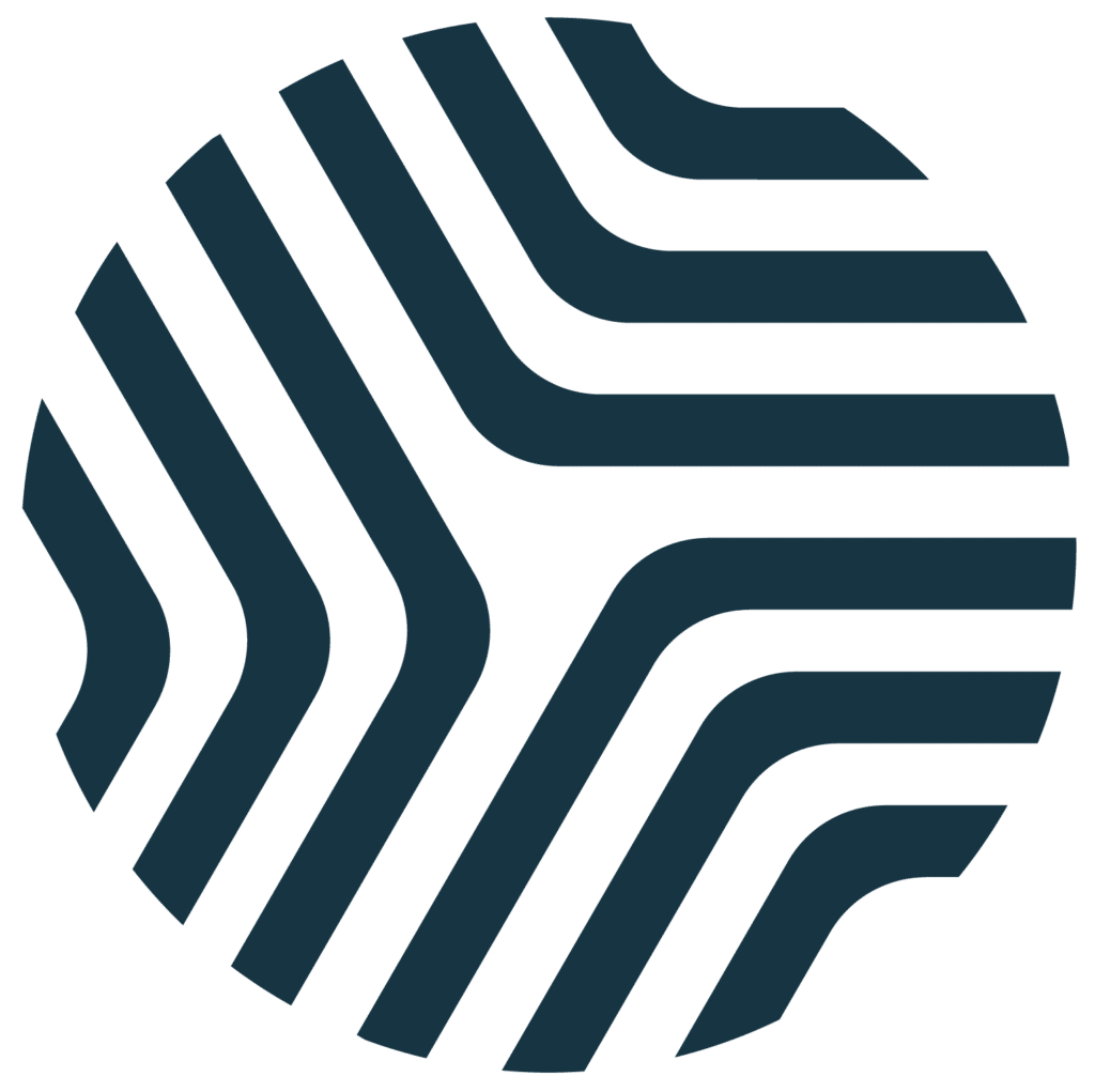 A white circle with bold, black, curved lines forming a geometric, abstract pattern. The lines run diagonally and bend at right angles, creating a sense of movement and symmetry.