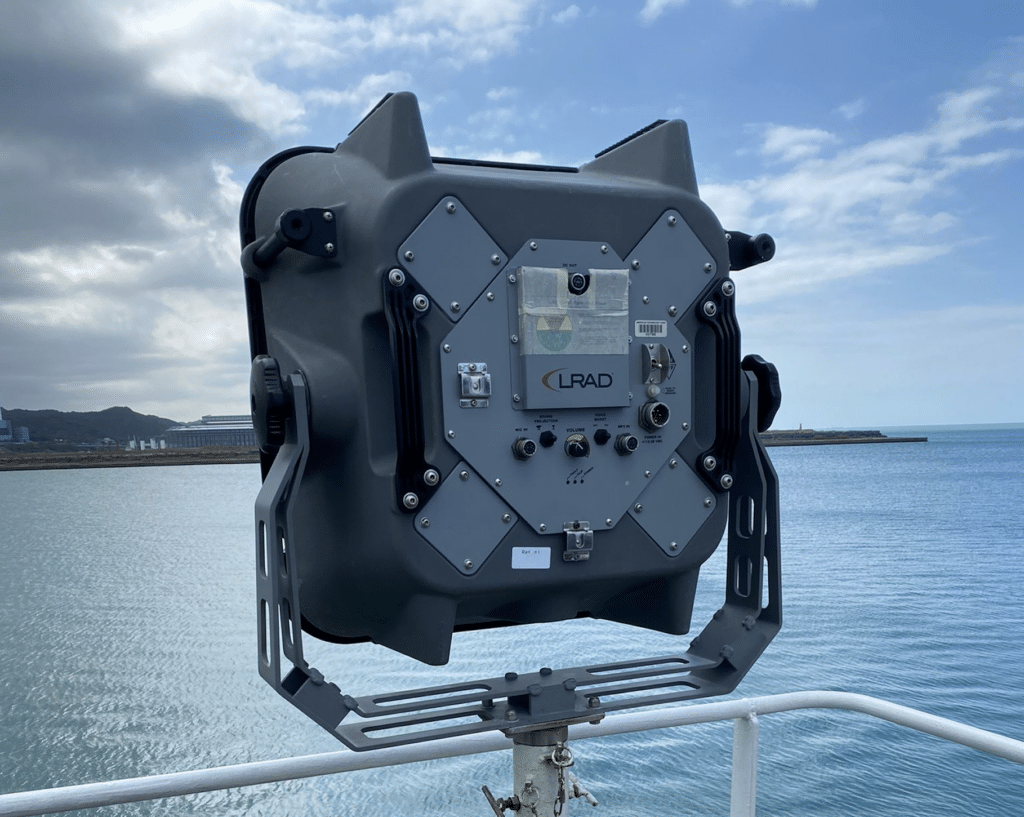 LRAD deployed on a ship as a deterrent for pirates.