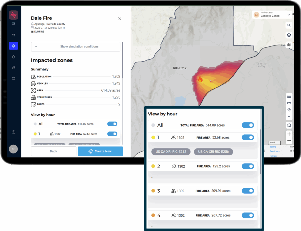 A tablet screen displays an emergency evacuation map for the Dale Fire, showing wildfire spread, evacuation zones in different colors, impacted population data, and a summary panel with simulation and hour-by-hour updates.