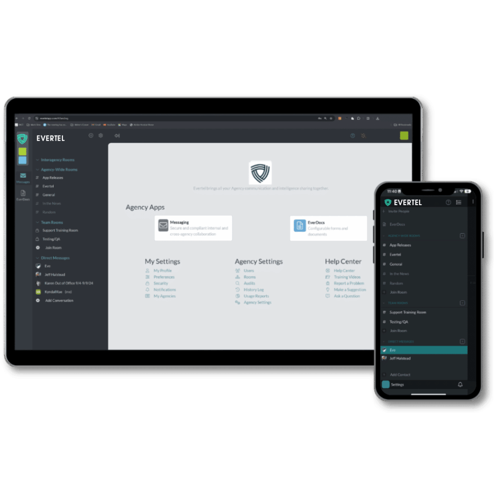 A tablet and a smartphone display the CONNECT app interface, highlighting menus for agency apps, law enforcement messaging, personal settings, and help center on a white and dark-themed background.