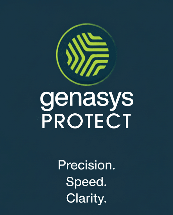 The genasys protect logo and name, with the words Precision. Speed. Clarity