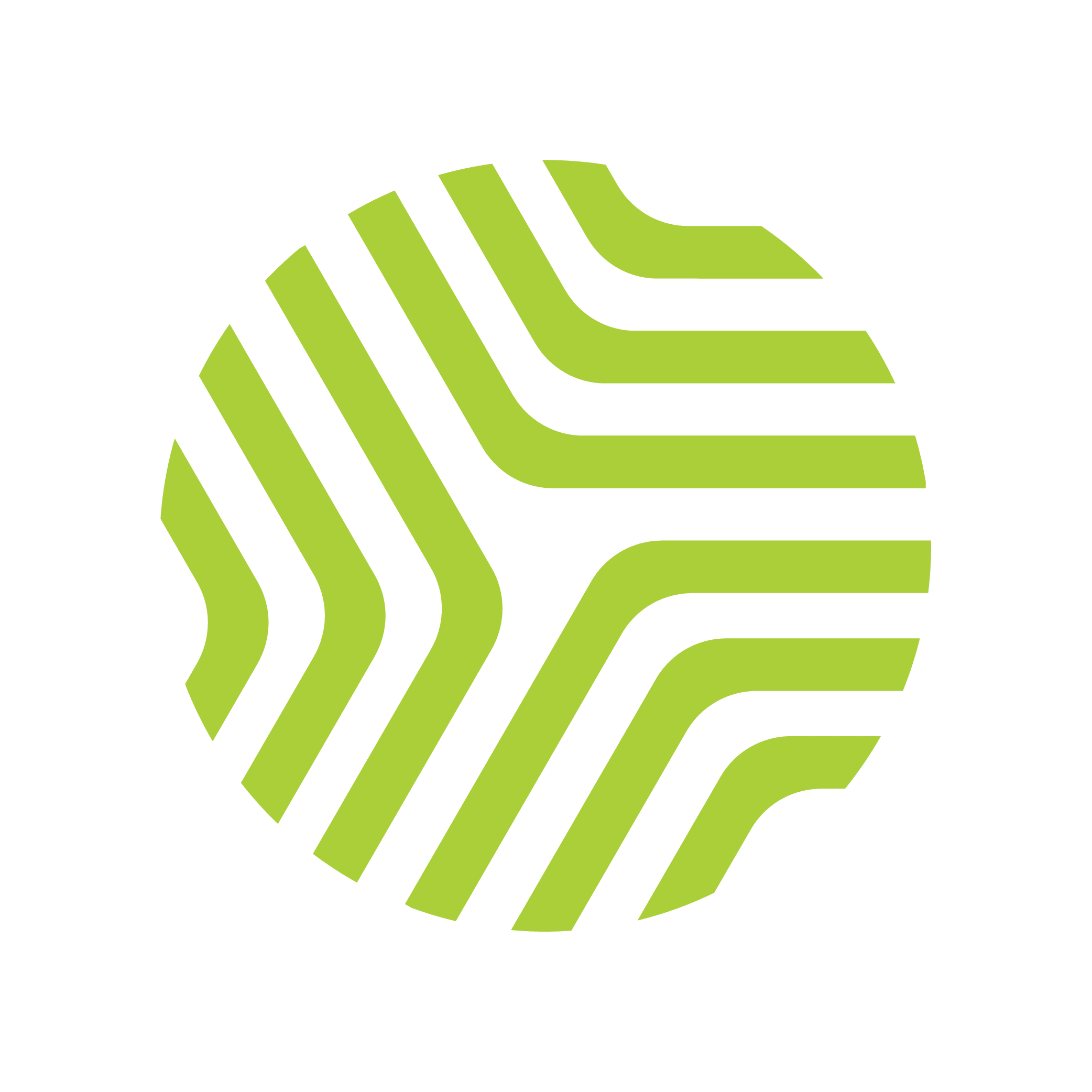 A green circular shape with thick, curved, parallel lines on a black background, creating a modern, abstract pattern.