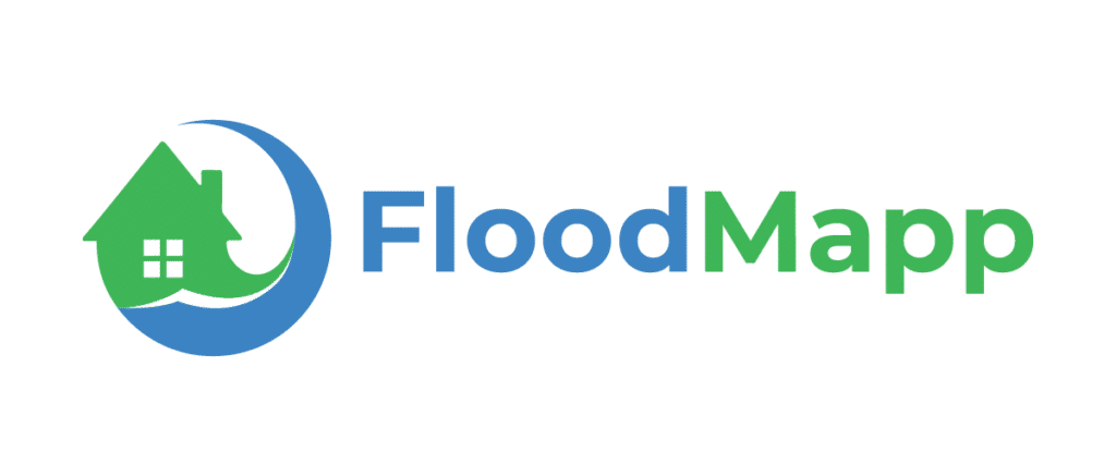 FloodMapp logo featuring a green house with water waves inside a blue circular shape, alongside the word FloodMapp—Flood in blue, Mapp in green—representing the collaboration between FloodMapp and Genasys.