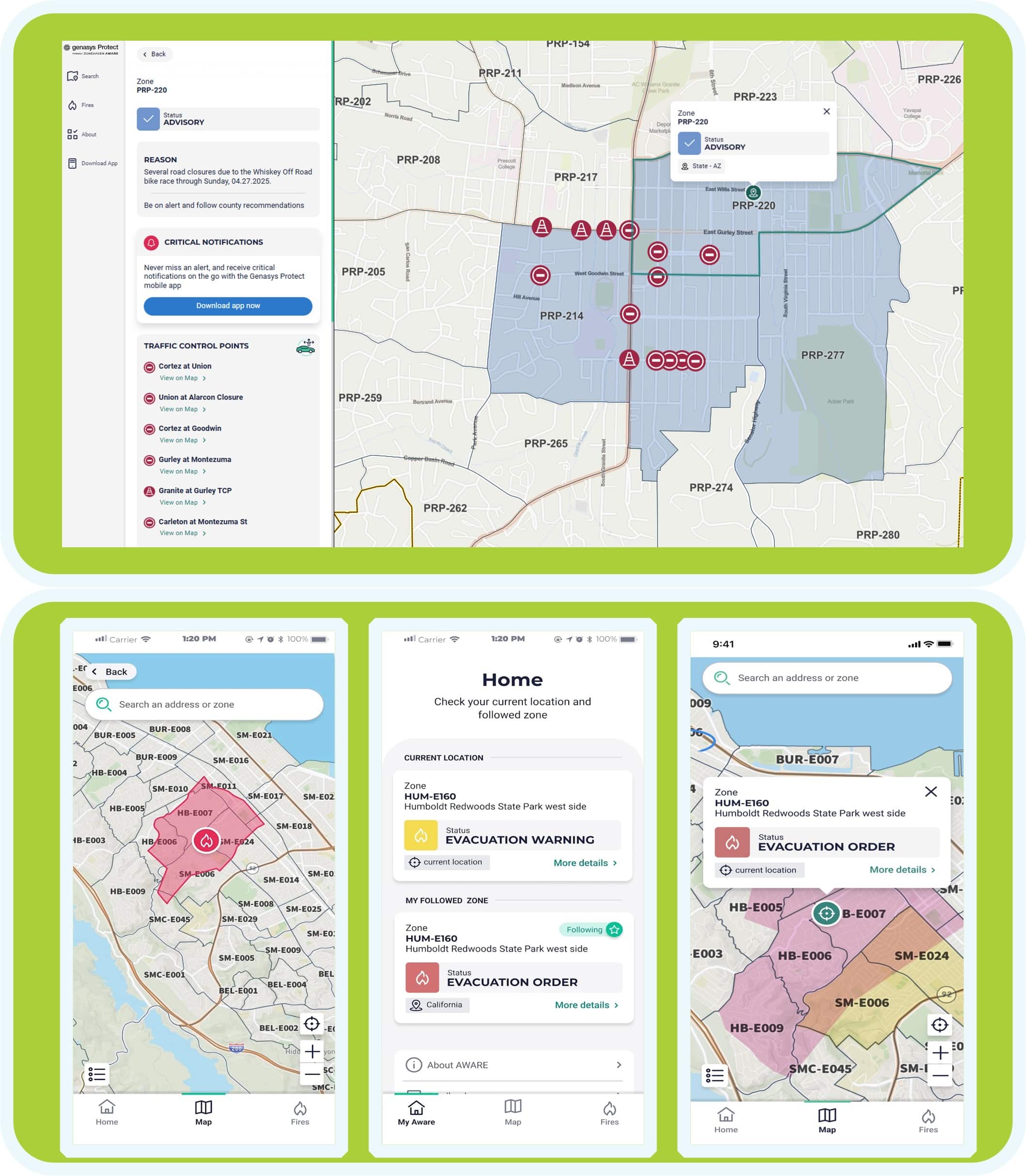 A collage of four screenshots displays evacuation warning and order maps on a digital interface, showing color-coded zones, critical points, and user alerts overlaid on regional maps.