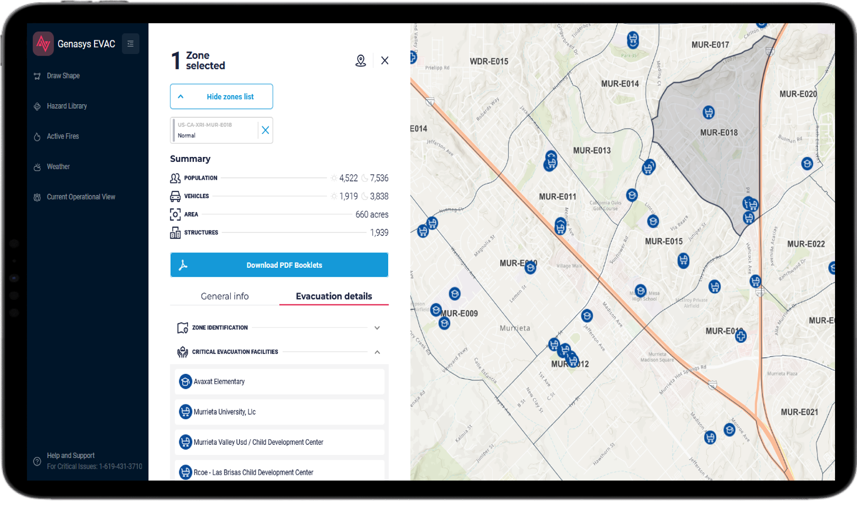 A screenshot of the Genasys EVAC software interface shows zone selection, population, vehicles, area, and structures data, with navigation options on the left and a map partially visible on the right.