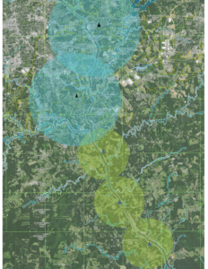 Hypothetical locations and coverage areas of Genasys ACOUSTIC devices along the Haw River in Alamance County, NC