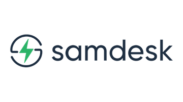 Samdesk logo featuring a green lightning bolt inside a circle to the left of the word samdesk in dark blue lowercase letters, representing innovation in software and acoustic devices.