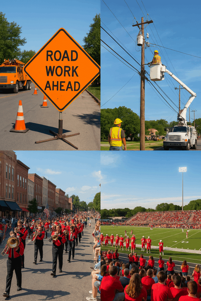 A collage of images of daily events, from road work, utility work, a parade, and a high school football game