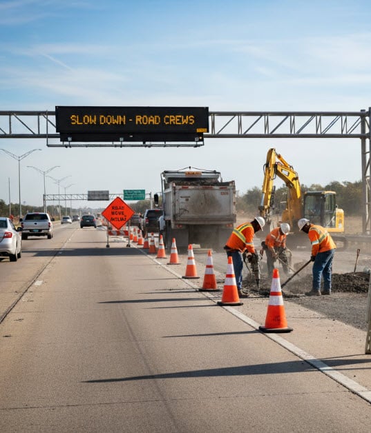 Road construction workers in safety vests work on a highway within an evacuation management zonehaven, using traffic cones, a dump truck, and an excavator. An overhead sign reads SLOW DOWN - ROAD CREWS as cars pass by in the left lane.