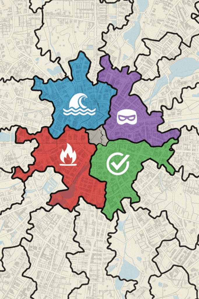 a mockup showing zones with 4 different situations - a fire, a flood, criminal activity, and all clear