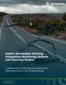 Front cover of a Genasys ebook titled “Instant Automated Alerting: Integrating Monitoring Systems with Genasys Protect,” showing a cracked roadway in a rural landscape under stormy skies.